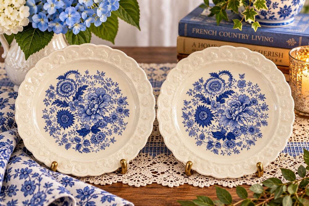 Vintage Taylor Smith & Taylor Blue Floral 8.5" Plates Set of 2 Scalloped USA
